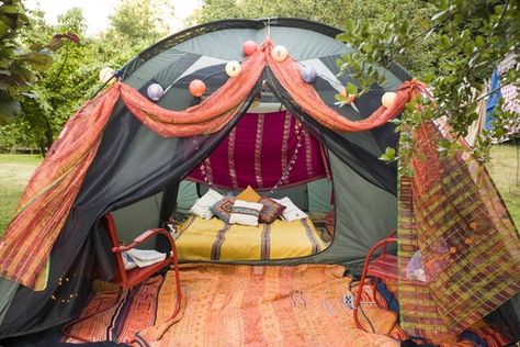 33 Ideas for Summer Fun | Live Happy Magazine Glamour Camping, Romantic Camping, Zelt Camping, Tent Set Up, Camping Set Up, Go Glamping, Family Tent Camping, Backyard Camping, Tent Decorations