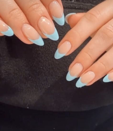 Light Blue French Tip Nails Oval, Short Nails Acrylic Colors, Pastel Blue French Tip Nails Almond, Light Blue French Tip Nails Almond Short, Light Blue Nails French Tip Almond, French Tip Nails Periwinkle, Sky Blue French Tip Nails Almond, Pastel Blue French Tips, Light Blue French Almond Nails