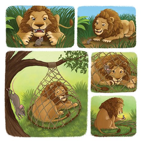 The Lion And The Mouse Story Pictures, Lion And Rat Story Images, Lion And The Mouse Story Images, Lion And Mouse Story Pictures, Story Pictures For Kids, Kids Story With Pictures, Children's Book Illustration Styles, Sequence Illustration, Lion And Mouse