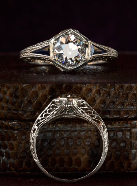 1920s Art Deco Hexagonal Filigree Engagement Ring, 0.95ct Old European Cut Diamond (in the online shop) Bijoux Art Deco, Engagement Ring Inspiration, Filigree Engagement Ring, Beautiful Wedding Rings, 1920s Art, Art Deco Engagement, 1920s Art Deco, Deco Engagement Ring, Solitaire Diamond