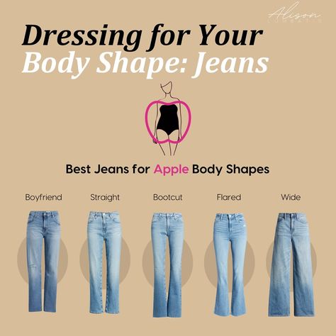 Apple Shape Jeans, Apple Body Shape Fashion, Body Shape Guide, Apple Shape Fashion, Apple Body Type, Apple Shape Outfits, Body Positive Fashion, Ladies Outfits, Narrow Hips