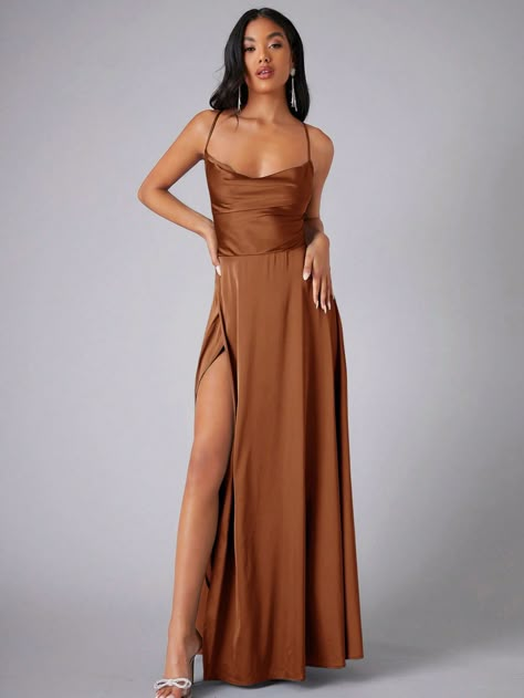 Brown  Collar Sleeveless Satin Plain A Line Embellished Medium Stretch All Weddings & Events Brown Bridesmaid Dresses, Prom Bridesmaid Dress, Draped Collar, Bridesmaid Dresses Online, Satin Cami, Bridesmaid Dresses Prom, Satin Bridesmaid Dresses, Wedding News, Women Formals