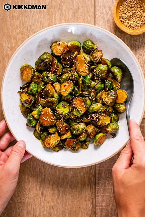 Pork Brussel Sprout Bowl, Teriyaki Brussel Sprouts, Teriyaki Vegetables, Kikkoman Teriyaki Sauce, Marinated Pork Loin, Brussel Sprouts Appetizer, Asian Brussel Sprouts, Pork Side Dishes, Snacks Yummy