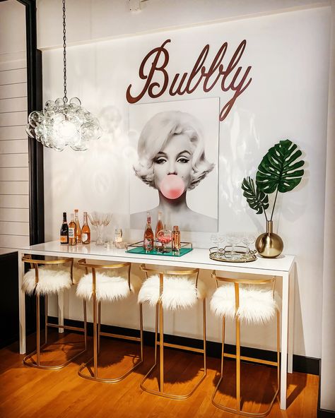 Fun, feminine bar we designed for a client Womans Cave Room, Studio Apartment Ideas For Ladies, Champagne Bar Interior, Feminine Game Room, Girly Home Bar, Champagne Lounge Ideas, Champagne Room Ideas, Girly Bar Ideas, Salon Bar Ideas