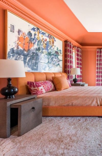 Orange Bedroom Decor Ideas | Sebring Design Build Orange Interior Design Bedroom, Orange Bedroom Ideas Walls, Orange Theme Bedroom Room Ideas, Orange Bedroom Decor Ideas, Tangerine Bedroom Walls, One Wall Wallpaper Bedroom Bohemian Orange, Orange Bedroom Walls, Colors For Bedrooms, Orange Bedroom Decor