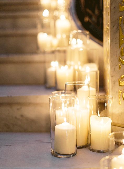 Gold Chicago Wedding at The Rookery Cylinder Candles, 카페 인테리어 디자인, Candle Glow, The Staircase, Venue Decor, Candle Inspiration, French Wedding, Wedding Mood Board, Pillar Candle Holders