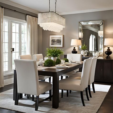 Lights, camera, action! This dining room is the perfect spot to capture those Instagram-worthy meals. The crystal chandelier adds a touch of glamour, while the white chairs keep things clean and classic. What are your tips for taking stunning food photos? Share them in the comments! Dining Room Set Up, White Dinning Room, Living Room Divider Ideas, Dining Room Decor Modern, Dark Table, Divider Ideas, Living Room Divider, Chandelier For Dining Room, Classic Dining Room