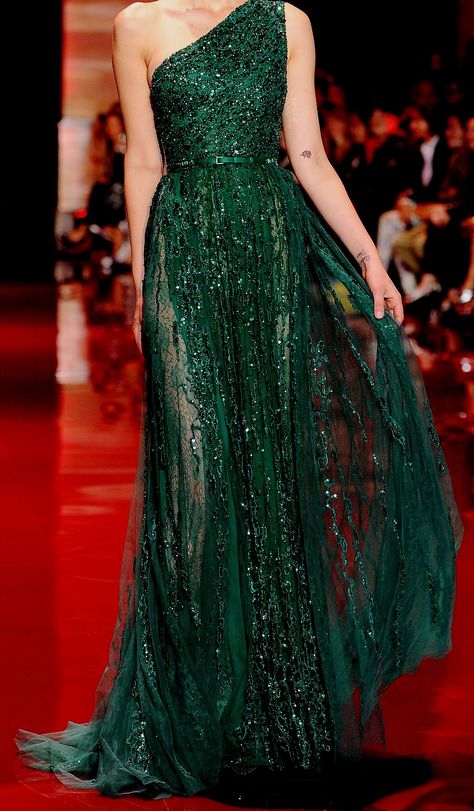 Elie Saab Dress Nigth, One Shoulder Prom Dress, 파티 드레스, Green Dresses, فستان سهرة, Tulle Prom Dress, Couture Gowns, Gorgeous Gowns, Outfits Casual