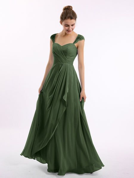 Bridesmaid Dresses Enchanted Forest, Dark Green Chiffon Dress, Fairy Bridesmaids Dresses, Moss Green Prom Dress, Earth Green Bridesmaid Dresses, Save Green Bridesmaid Dress, Green Prom Dress Flowy, Muted Bridesmaid Dresses, Dark Sage Green Bridesmaid Dresses