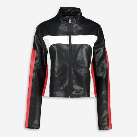 Racing Jacket Black Red And White Panels Long Sleeves Zipped Fastening Round Neckline Shell: 100% Polyurethane Lining: 100% Polyester Damp Wipe Clean Only Race Leather Jacket, Black And Red Leather Jacket, Racer Aesthetic, Black Racing Jacket, Red Moto Jacket, F1 Jacket, Harley Quinn Jacket, Moto Clothes, Red And Black Jacket