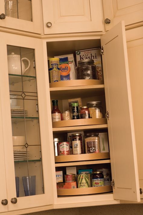 Corner Cabinet Solutions, Corner Cabinet Organization, Lazy Susan Kitchen, No Pantry Solutions, Corner Storage Cabinet, Corner Kitchen Cabinet, Corner Kitchen, Kitchen Wall Cabinets, Small Kitchen Organization