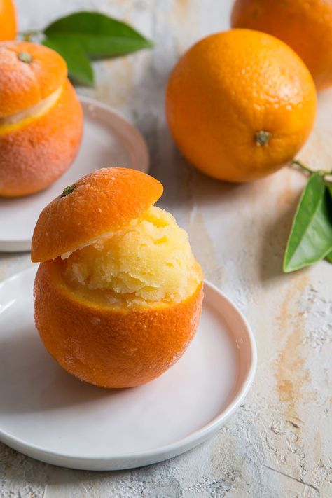 Orange Sorbet (served in orange cups)- The Little Epicurean Orange Sorbet Recipe, Sorbet Recipe, Orange Cups, Orange Sorbet, Make Simple Syrup, Sorbet Recipes, Healthy Food Motivation, Food Concept, Frozen Treat