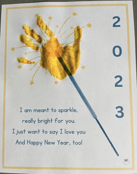 Happy New Year 2024 Preschool, December Art For Infants, New Years Eve Handprint Craft, New Years Prek Crafts, Handprint New Years Crafts, New Years Daycare Craft, Toddler Xmas Cards, Happy New Year Activities For Toddlers, New Year Projects For Toddlers