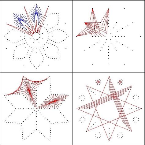 vier verschiedene Stern-Motive فن الرسم بالمسامير, Printable String Art Patterns, Art Fil, String Art Templates, String Art Tutorials, Nail String Art, String Wall Art, String Crafts, Sewing Cards