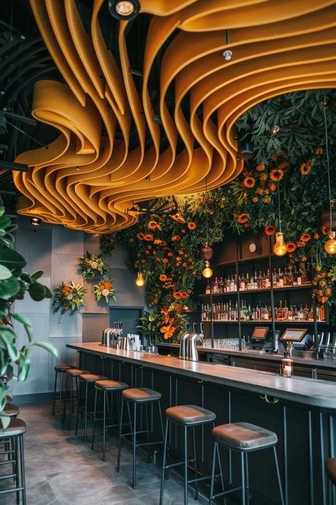 Creative Bar Ceiling Ideas to Elevate Your Space Bar Ceiling Ideas, Ceiling Design Restaurant, Tiny House Shower Ideas, Bar Ceiling Design, Restaurant Ceiling Design, Unique Bar Design, Lounge Bar Design, Unique Restaurant Interior, Restaurant Bar Ideas