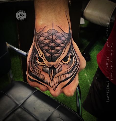 Tattoo by ashwani sharma Owl Hand Tattoo, Heart Vector Design, Tattoo Borboleta, Fist Tattoo, Medusa Drawing, Owl Tattoo Sleeve, Wing Tattoo Men, Leg Sleeve Tattoos, Leg Tattoo Ideas