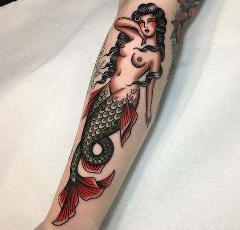 American Traditional Mermaid Tattoo Black, Neo Trad Mermaid, Traditional Mermaid Flash, Siren Tattoo Traditional, Trad Mermaid Tattoo, Naked Mermaid Tattoo, Neo Traditional Mermaid Tattoo, Pin Up Mermaid Tattoo, Old School Mermaid Tattoo