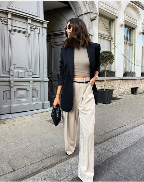 Blue blazer, beige top, white pants, summer outfit idea White Pants Blue Blazer, White Pants Semi Formal Outfit, Dark Beige Trousers Outfit, Beige Top Outfit Classy, Dark Blue Blazer Outfits For Women, Navy And Beige Outfit, White Pants Summer Outfit, Beige Top Outfit, Cream Trousers Outfit