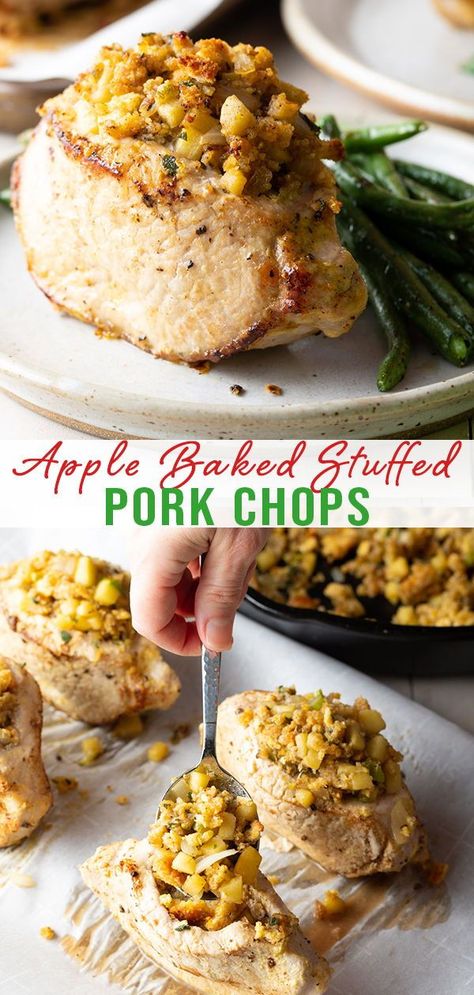 Apple Stuffing Pork Chops, Apple Stuffed Pork Chops, Baked Stuffed Pork Chops, Oven Pork Chops, Thick Cut Pork Chops, Perfect Pork Chops, Center Cut Pork Chops, Stuffed Pork Chops, Cornbread Stuffing