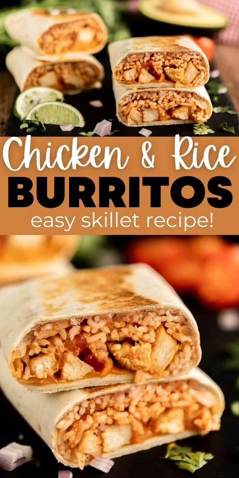 Rice Chicken Burritos, Mexican Chicken Recipes Skillet, Chicken And Rice Wraps, Grilled Chicken Burritos, Burrito Rice Recipe, Chicken Burrito Recipes, Chicken Rice Wraps, Rice For Burritos, Chicken And Rice Burritos