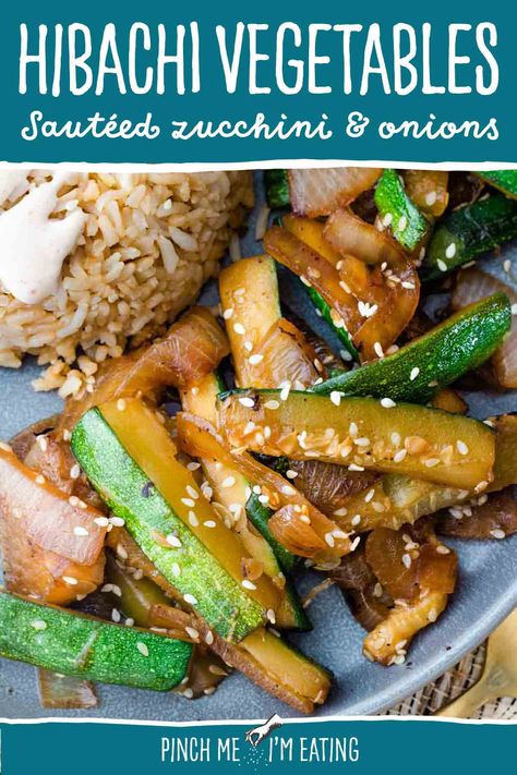 Make these homemade hibachi vegetables in just 15 minutes! With a simple ingredient list, these sautéed zucchini and onions are just like the hibachi veggies you'd find at a Japanese steakhouse like Benihana! Hibachi Chicken And Zucchini, Hibachi Chicken And Vegetables Blackstone, Hibachi Zucchini And Mushrooms, Hibachi Zucchini And Squash, Healthy Hibachi Chicken And Vegetables, Veggie Hibachi Recipes, Grilled Zucchini And Onions, How To Make Hibachi Vegetables, Japanese Steakhouse Vegetables