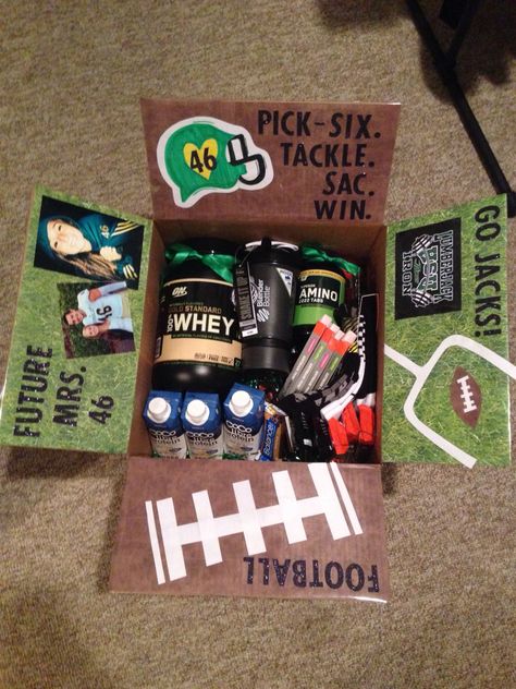 College Football Care Package                                                                                                                                                                                 More Football Care Package, Football Boyfriend Gifts, Football Player Boyfriend, Football Gift Baskets, Football Player Gifts, Football Girlfriend, Buddy Gifts, Boyfriend Gift Basket