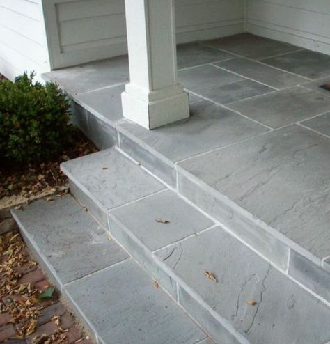 what about a lovely blue stone front stoop and the facade of the front stoop? Front Porch Stone, Stone Patio Designs, Veranda Design, Concrete Patio Makeover, Porch Stairs, Front Porch Steps, Front Stairs, Porch Tile, Concrete Patios