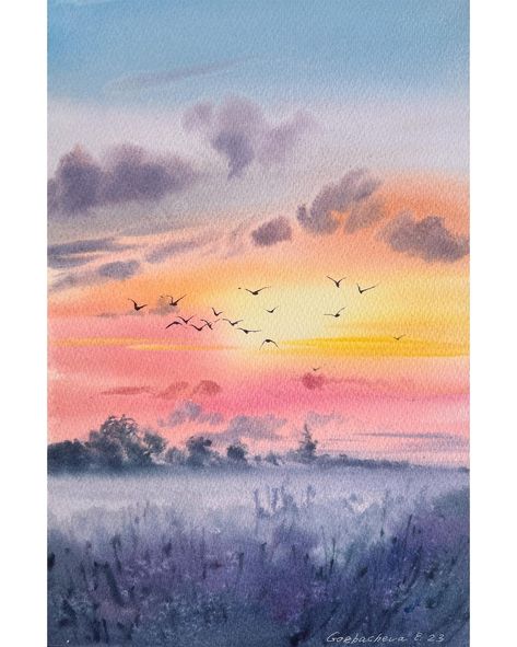 💚 Watercolor by Eugenia Gorbacheva (@homelike_art) • Instagram photos and videos Dawn Watercolor Painting, Watercolor Sunset Landscape, Watercolour Sky Painting, Watercolour Painting Inspiration, Watercolor Paintings Sky, Watercolour Scenery Painting, Aquarelle Painting Landscape, Watercolor Sunset Easy, Watercolor Illustration Landscape