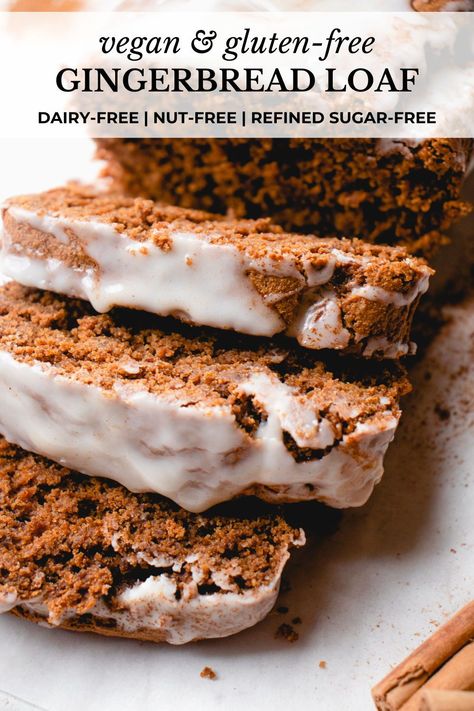 This vegan & Gluten-Free Gingerbread Loaf is super moist, tender & richly flavored with molasses & warm spices. This dairy-free gingerbread loaf cake is the perfect holiday dessert. #gingerbread #gingerbreadloaf #christmasbaking #christmasdesserts #vegan #glutenfree #holidaybaking #holidaydesserts #winterdesserts #christmascake #gingerbreadcake #dairyfree #christmastreats #gingerbreadloafcake #vegangingerbreadloaf #glutenfreegingerbreadloaf #christmasbakingrecipes #christmasbakingideas Paleo Gingerbread Loaf, Gluten Free Loaf Recipes, Paleo Gingerbread Cake, Gluten Free Gingerbread Loaf, Vegan Gingerbread Cake, Gluten Free Dairy Free Gingerbread, Vegan Gluten Free Gingerbread, Gf Gingerbread, Dairy Free Gingerbread