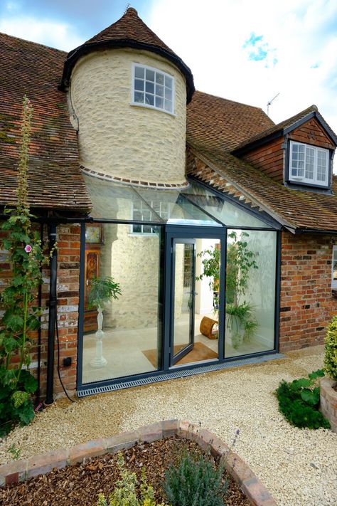 Small Sunroom Addition, Small Glass Extension, Glass Roof Extension, Link Extension, Tudor Manor, Porch Extension, Manor Interior, Orangery Extension, Glass Porch