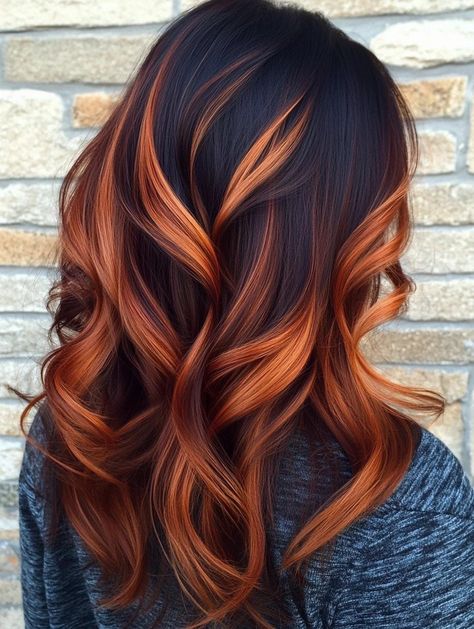 Fall Hair For Short Hair, Fall Hairstyles Color, Winter Color Hair For Brunettes, Fall Haircolor Ideas 2024, Dark Fashion Colors Hair, Dark Brown Copper Highlights, Red Hair Colors For Brunettes, Brunette Hair With Orange Highlights, Pumpkin Hazel Hair