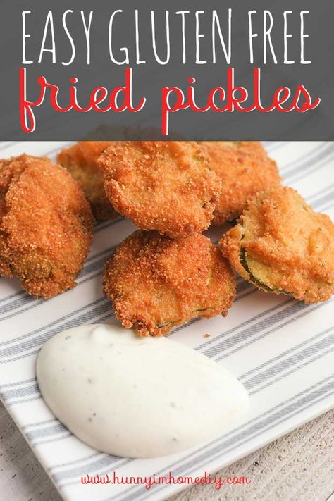 This recipe for gluten free fried pickles is delicious and simple! It's one of the best gluten free fried pickles recipes and makes a delicious gluten free appetizer recipes. You'll love the tangy crunch of these gluten free fried pickles simple -- add it to your list of gluten free appetizer ideas today! They also make great gluten free super bowl food, gluten free super bowl appetizers, gluten free super bowl party food, and gluten free super bowl snacks. #glutenfree Gluten Free Fried Pickles, Gluten Free Appetizer Recipes, Gluten Free Super Bowl Food, Gluten Free Super Bowl, Gluten Free Appetizer, Pickles Recipes, Super Bowl Essen, Super Bowl Appetizers, Gluten Free Recipes Appetizers