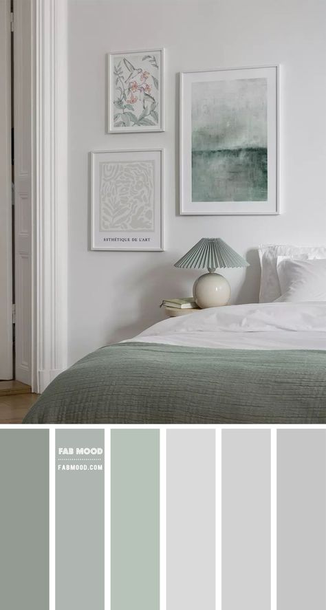 Grey Green Bedrooms, Grey Bedroom Colors, Light Green Bedrooms, Green And White Bedroom, Sage Bedroom, Light Gray Bedroom, Best Bedroom Colors, Wall Color Combination, Wedding Color Palettes