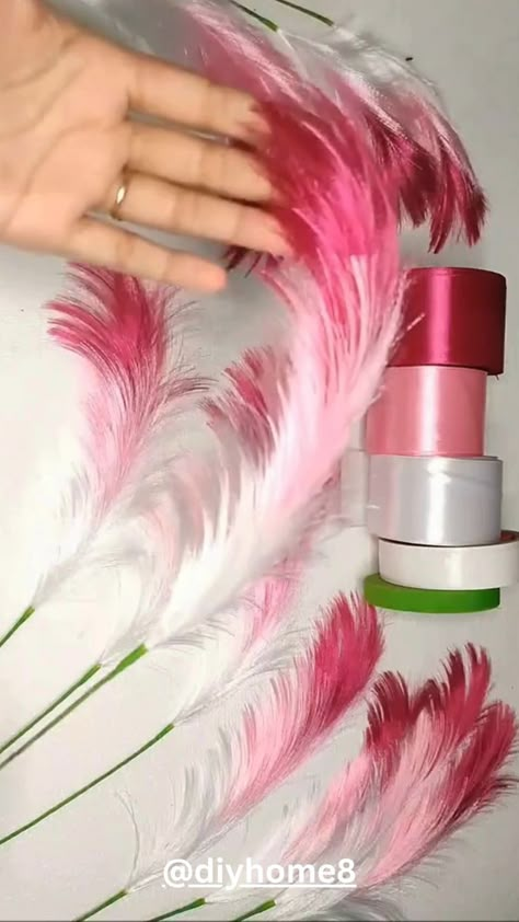 Feather Art Diy Craft Ideas, Pink Ribbon Decorations, How To Make Feathers Out Of Ribbon, Things To Do With Feathers Crafts Ideas, Pink Christmas Table Decorations, How To Make A Feather, Ribbon Feather Diy, Diy Christmas Picks And Sprays, Easy Craft Ideas For Adults Simple Diy Projects