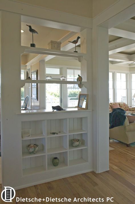 Cottage by the Sea | dietsche Half Wall Room Divider Ideas, Small Pass Through Window Kitchen, Internal Window Between Rooms, Column Kitchen, Half Wall Kitchen, Cottage Entry, Half Wall Room Divider, Half Wall Ideas, Ny House