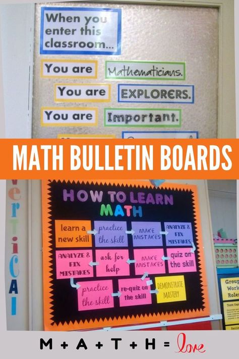 examples of math bulletin boards Classroom Standards Display Bulletin Boards, Math Class Bulletin Board Ideas, Math Is Everywhere Bulletin Board, Math Bulletin Boards High School, Math Quotes For Classroom, Math Themed Classroom, Elementary Math Classroom Decorations, Math Classroom Decorations Highschool, Math Door