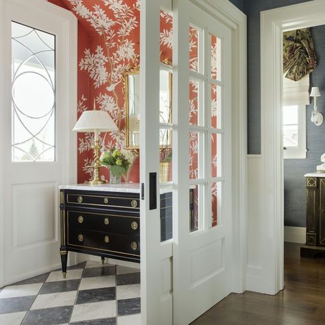 Alexandra rae - entry foyer - sliding French Doors #victorianinterior No Foyer Entry, Gracie Wallpaper, Sliding French Doors, Stylish Bedroom Design, Foyer Design, Living Room Remodel, Entry Hall, Dressing Room Design, Entry Way