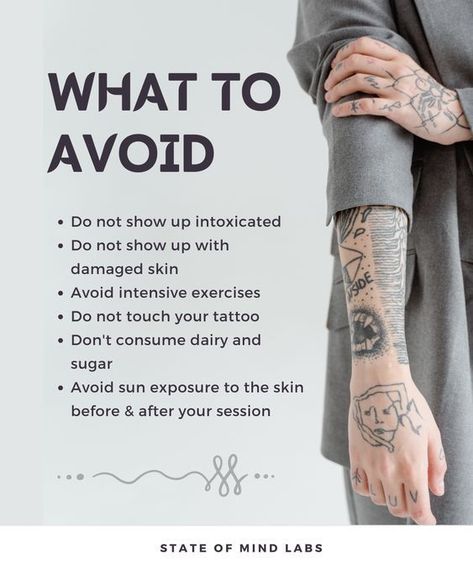 1050 Guidelines on what to avoid for tattoo care: intoxication, damaged skin, exercise, sun exposure, dairy, and touching tattoos. | Sky Rye Design Fixing A Bad Tattoo, Things To Know Before Getting A Tattoo, How To Prepare For A Tattoo, What To Do Before Getting A Tattoo, Tattoo Preparation Tips, Tattoo Knowledge, Tattoo Preparation, Tattoo Learning, How To Tattoo