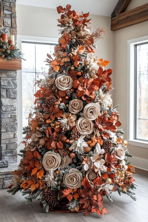 Autumn Christmas Decor, Fall Theme Christmas Tree, Christmas Pictures Decor, Fall Decorated Trees, Fall Themed Christmas Tree, Fall Decorated Christmas Trees, Fall Christmas Tree Decorations, Non Christmas Tree Ideas, Fall To Christmas Decor