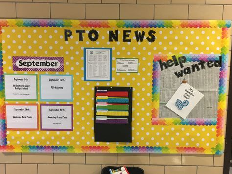 This is my first bulletin board as PTO President.  I looked at Pinterest for ideas and this is what we came up with.  We want to highlight the coming events.  Have folders for important forms and then Help Wanted.  This was so much fun and I thank everyone for sharing their ideas. Information Bulletin Board Ideas, Pto Fundraising Ideas, Parent Bulletin Boards, School Event Ideas, Pto Bulletin Board, Pta Bulletin Boards, Pto Mom, Pto Meeting, Pta Board