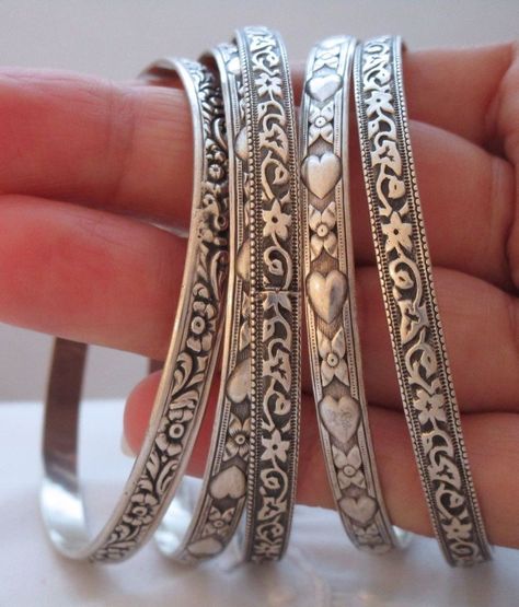 Antique Bracelets, Sterling Silver Bangle Bracelets, Bangle Bracelet Set, Bracelets Set, Sterling Silver Bangle, Dope Jewelry, Funky Jewelry, Jewelry Lookbook, Silver Bangle Bracelets