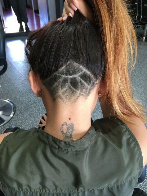 Undercut Hair Tattoo - my second touch up looks like this. I'm loving this part of my head shaved and designed. Girl Undercut Design, Hair Tattoo Designs, Undercut Hair Designs, Undercut Hair, Undercut Hairstyles Women, Undercut Long Hair, Undercut Designs, Shaved Hair Designs, Hair Tattoo