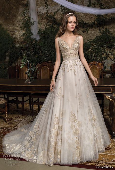 cosmobella 2019 bridal sleeveless with strap v neck heavily embellished bodice hem romantic glamorous gold a  line wedding dress backless v back chapel train (18) mv -- Cosmobella 2019 Wedding Dresses | Wedding Inspirasi #wedding #weddings #bridal #weddingdress #bride ~ Gold Wedding Gowns, Wedding Gown Backless, Western Wedding Dresses, Gold Wedding Dress, Alternative Wedding Dresses, Wedding Gowns Mermaid, Backless Wedding, فستان سهرة, A Wedding Dress