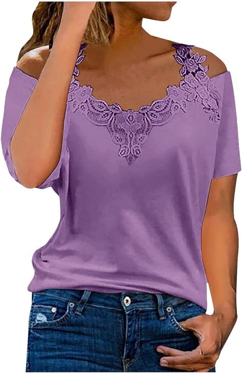 shirts for women trendy Lace Crochet Cold Shoulder Tops for Women Trendy Summer Short Sleeve Tunic Shirts Casual Loose Strappy Blouses tops for women dressy casual Purple L at Amazon Women’s Clothing store Tunic Shirts, Cold Shoulder Tops, Satin Bluse, Shoulder Tops, Short Sleeve Tunic, Lace Crochet, Tunic Shirt, Cold Shoulder Top, Dressy Casual