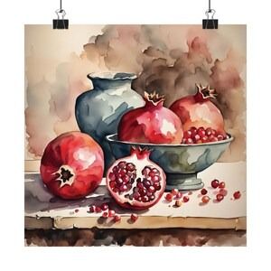 RaindropHouse - Etsy Ukraine Painting Pomegranate, Watercolor Studies, Farmhouse Kitchen Wall Decor, Fruit Artwork, Wall Art Square, Pomegranate Art, Art Square, Still Life Fruit, Grayscale Coloring