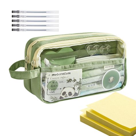 Bullet Points: Keep your organized with our clear pencil pouch. The multilayer design comfortably holds up to 100 pens, while the transparent front window allows for easy identification. Product Name: Large-capacity transparent pencil case Product color: green Product size: 21*5.3*12.7cm/8.26*2.08*5in Product material: canvas Notes: This product only includes a pencil case and 5 pens (without clips and other items) List: Large-capacity transparent pencil case*1 Neutral pens*5 School Pouch Pencil Cases, Fall Aesthetic Green, Green School Supplies, Green Pencil Case, Aesthetic Pencil Case, Big Pencil Cases, Transparent Pencil Case, Clear Pencil Case, 100 Pens