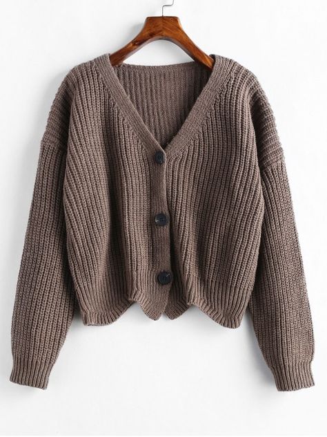 Scalloped Hem Chunky Knit Cardigan - BROWN BEAR ONE SIZE Mode Turban, Chunky Knit Cardigan, Casual Cardigans, Looks Chic, Cardigan Fashion, Cute Sweaters, Scalloped Hem, Mode Inspiration, Cute Casual Outfits