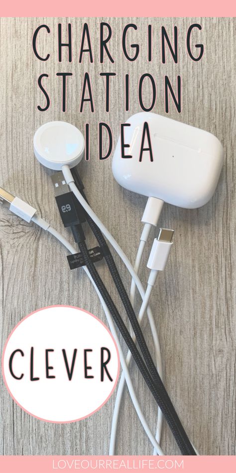 Clever Charging Station Idea: Hide the Cords. Do you have cords EVERYWHERE for the kids and your electronic devices? This simple solution will help keep your cords neat, tidy, and out of site! Wall Charging Station Diy, Hidden Charging Station Nightstand, Media Charging Station Diy, Couch Charging Station, Charging Area In Home, Kitchen Counter Electronics Organization, Organized Charging Station Diy, Rv Charging Station Ideas, Diy Phone Charger Station