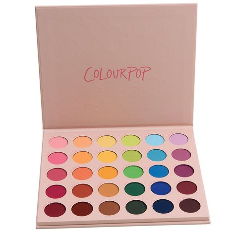 ColourPop Matte About Hue 30-Pan Shadow Palette ($34.00 for 0.92 oz.) is a new, all-matte eyeshadow palette that features an array of brighter, but somewhat desaturated (not quite neon), shades across pink, orange, yellow, green, blue, and purple (well, more plum). The quality was consistent with ColourPop's matte formula: lightly powdery at times but pigmented, blendable, and easy enough to work with. I didn't find any duds in the palette; there were a few shades that had to be built up in pigm Eyeshadow Palette Colourpop, Colorful Palette Eyeshadow, Colored Eye Shadow, Colour Pop Eyeshadow Palette, Colorful Eyeshadow Pallets, Makeup Pallet Template, Color Pop Eyeshadow Palette, Colorpop Eyeshadow Pallets, Make Up Palettes