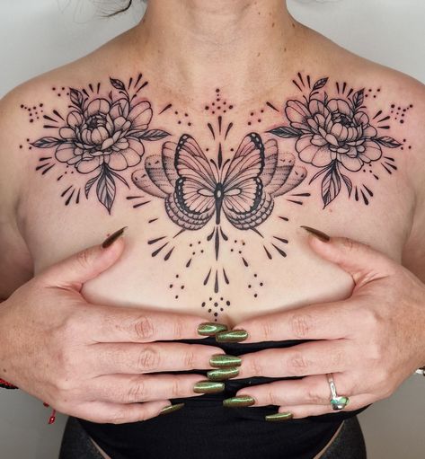 Butterfly Tattoo Sternum Chest Piece, Chest Tattoo Template, Tattoo Ideas Female Stomach, Chest Tattoo Female Small, Witchy Chest Tattoo, Butterfly Chest Tattoo, Chest Tattoo Designs Female, Chest Neck Tattoo, Chest Tattoo Female Upper